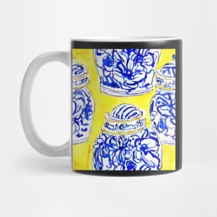 Blue and white ginger jars on yellow Mug